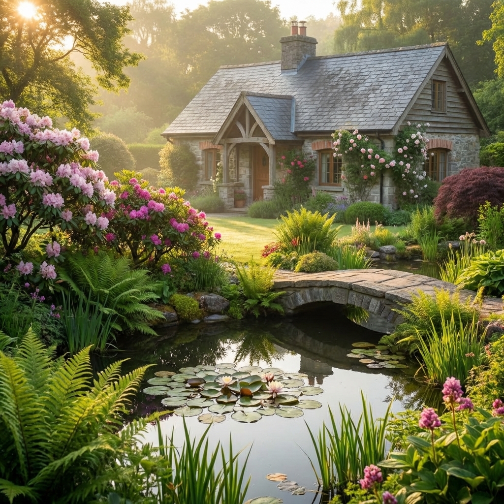 pond with wooden bridge pond with wooden bridge