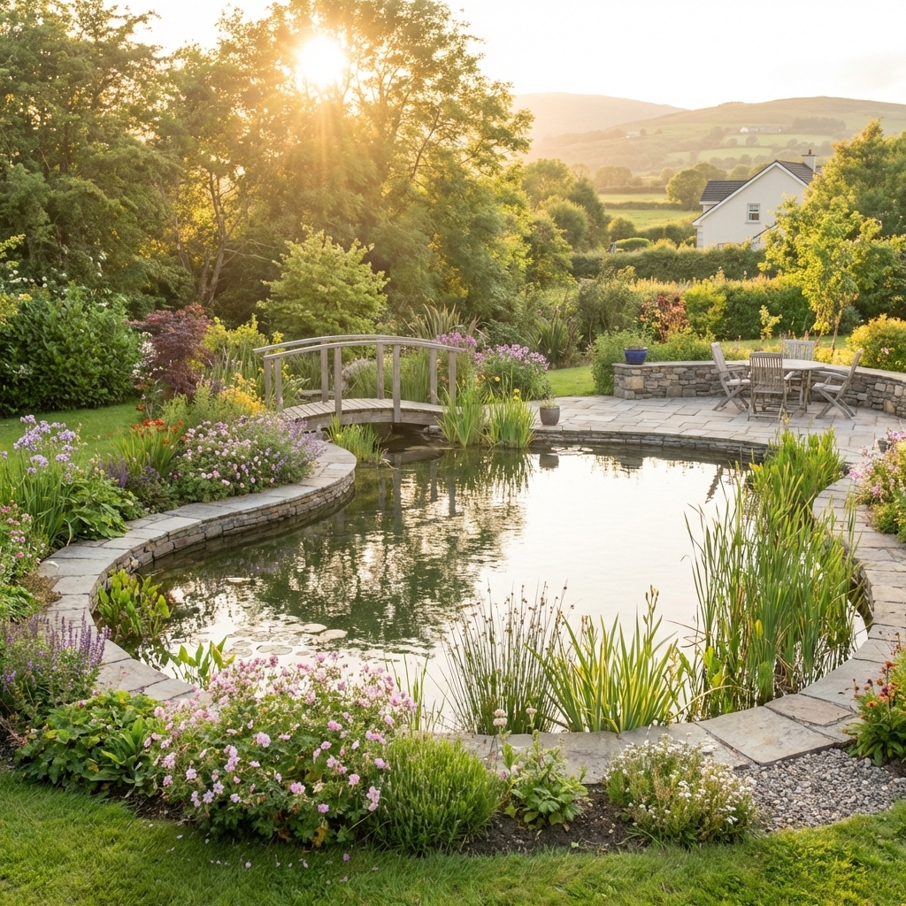 pond with wooden bridge pond with wooden bridge